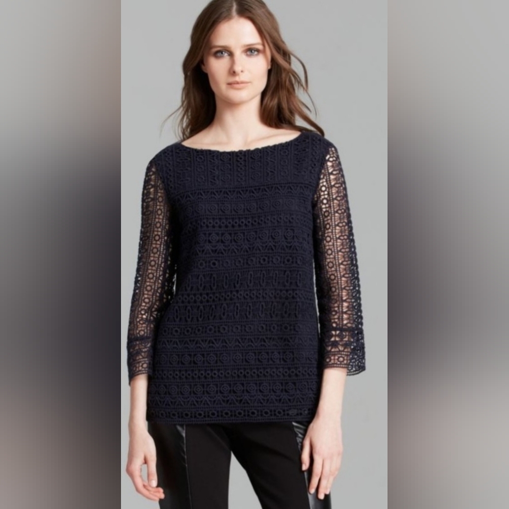Tory Burch Harlow medium navy blue crochet 3/4 sleeve linen cotton blouse